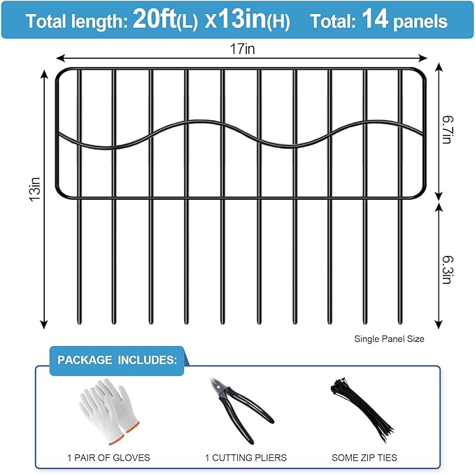 20ft(L) x 13in(H) Garden Animal Barrier Fence, 14panels No Dig Fences, Small Dog Fence Barrier, Animal Barrier Rabbit Fencing Rustproof Metal Decorative Border for Outdoor Garden