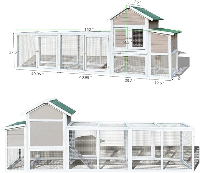 122" Large Wooden Chicken Coop with Run for 3-5 Chickens, Outdoor Chicken Coop with Nesting Box, Waterproof Hen House Pet Rabbit Hutch for Backyard Poultry