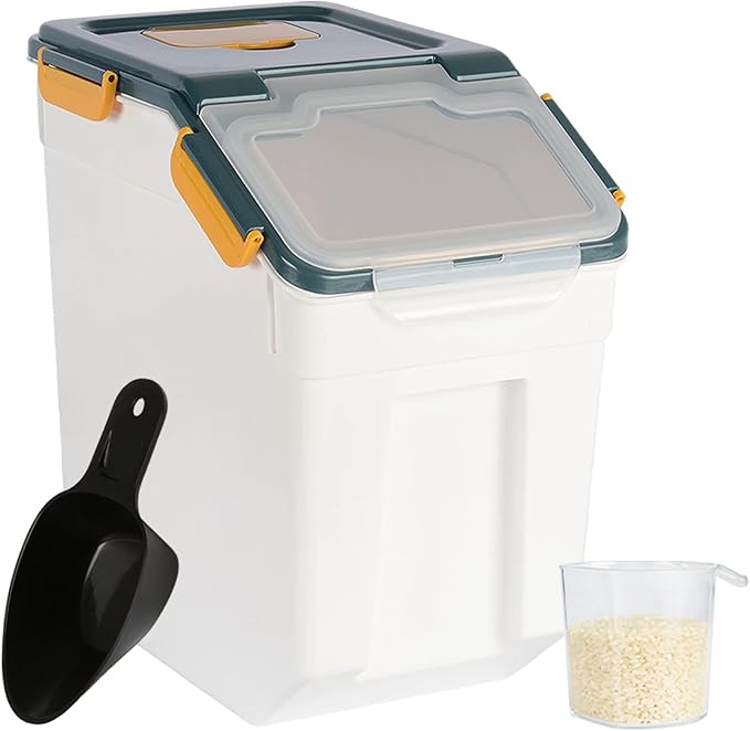 Rice Container 25 lbs Large Bulk Flour Sugar Storage Holdhouse Plastic Grain Cereal Dry Goods Bin with Spoon and Measuring Cup for Kitchen Pantry Organization - Blue
