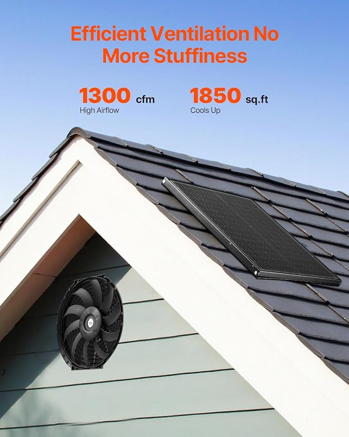 VEVOR Gable Mount Fan, 12 Inch Solar Power Attic Exhaust Fan with Adjustable Thermostat & Outer Mesh, 1300 CFM House Ventilator Cools Up to 1850 Sq.Ft, Quiet Ventilation for Roof, Garage, Shop, Black