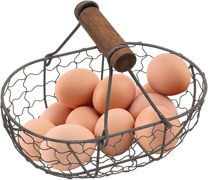 Eggs Collecting Basket | Metal Egg Holder | Vintage Wire Basket With Wooden Handle | Vintage Style Egg Storage Baskets Holder Fruit Bin, Can Hold 12 Eggs