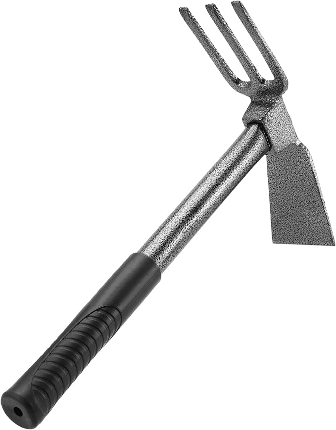 MOUYAT 4 PCS 2 in 1 Double Garden Hoe and Cultivator, 9 x 14 Inch Dual Headed Weeding Tool Heavy Duty Hand Tiller Rust Proof 3 Prong Cultivator with Handle for Weeding and Digging