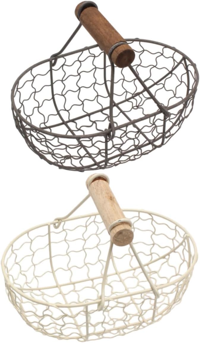 Garneck 2pcs Vintage Iron Storage Basket with Wooden Handles, Rustic Farmhouse Style Fruit and Bread Basket for Kitchen Countertop, Household Egg and Vegetable Organizer in Dark Gray