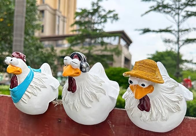 Teaeeno Chicken Fence Decoration,Funny Farm Sculpture Chicken Decor,Cute Chicken Sculpture,3 Chickens a Set,Resin Chicken Figurines,Animal Outdoor Statues for Home Garden Stairs,Farm,Patio,Backyard