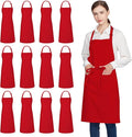 Jubatus 12 Pack 100% Cotton Aprons Bulk with 2 Pockets Cooking Chef Kitchen Adjustable Bib Apron for Women Men, Red