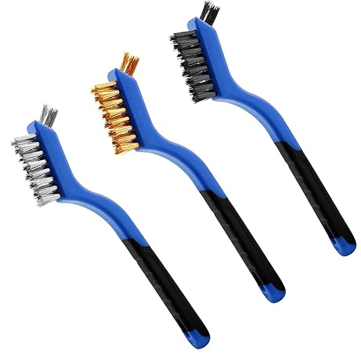 Wire Brush Set (3-Pack) for Precision Cleaning – Brass, Nylon & Stainless Steel Brushes for Rust Removal, Delicate Surfaces & Tight Spaces – 7-Inch Curved Handle