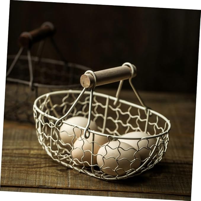 DOITOOL 2pcs Decorative Wire Storage Baskets with Wooden Handles Vintage-style Egg and Fruit Organizer for Kitchen Countertop and Dining Table Compact and Practical Snack Containers