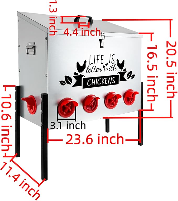 95LB Automatic Chicken Feeder with 10 Ports No Waste Galvanized Metal Poultry Feeder Outdoor Chicken Feeder Box with Adjustable Height Legs and Locking Lid for Chickens Ducks Geese Silver