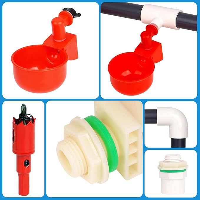 8 Chicken Water Cups Feeder Automatic Chicken Waterer System with Tee Fittings,PVC Pipe, for Quail Duck Poultry Watering Chicken Water Nipples Chicken Coop Water Dispenser