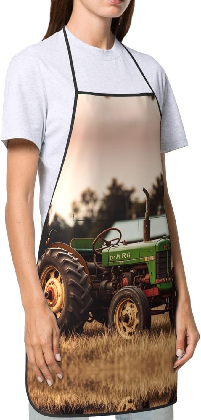 Kitchen Apron For Women Men Waterproof Heat Insulation Cooking Aprons Old Tractor Photo Farm Bib Apron With Large Pockets For Chefs, Bbq, Baking, Gardening, Salon