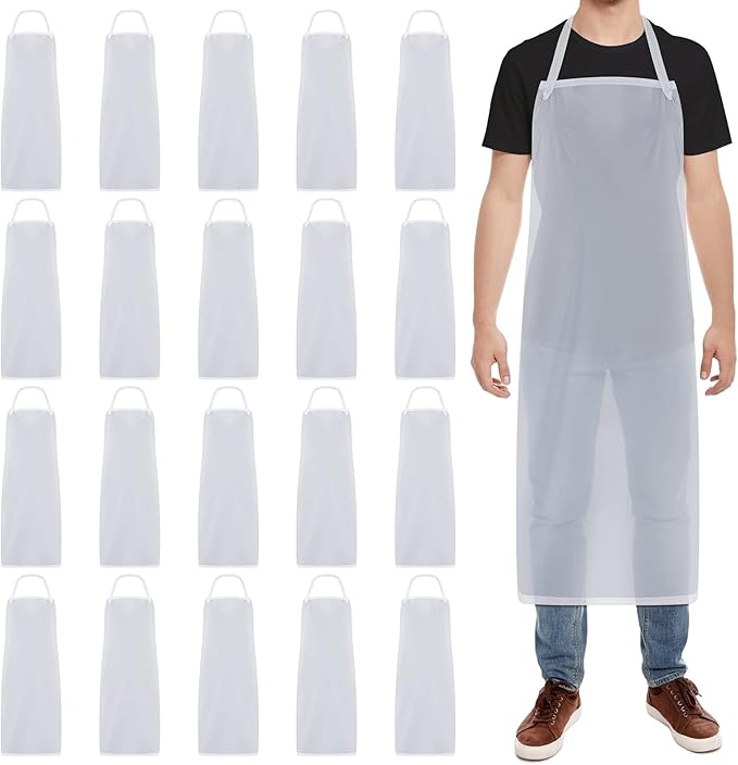 Hercicy 20 Pcs Plastic Aprons Vinyl Clear Waterproof Apron 47 Inches Unisex Transparent Heavy Duty for Kitchen Cooking Cleaning Dishwashing Butcher Work