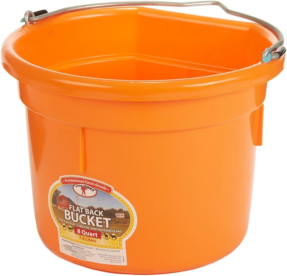 Little Giant® Flat Back Plastic Animal Feed Bucket | Animal Water and Feed Bucket with Metal Handle | 8 Quarts | Orange