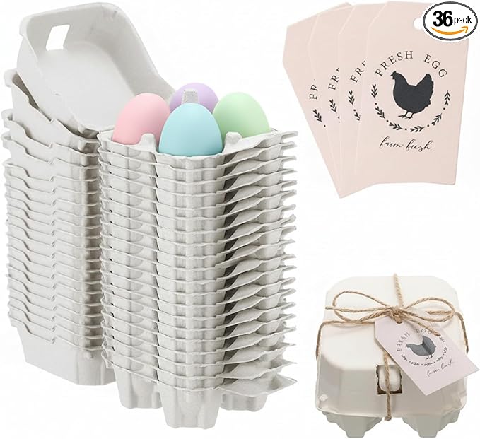 36 Pcs 4 Count Easter Egg Carton Bulk Half Dozen Reusable Natural Pulp Paper Cardboard Egg Carton Colored Storage Easter Gift Box with Label Jute Rope for Kitchen Market Farm (White)