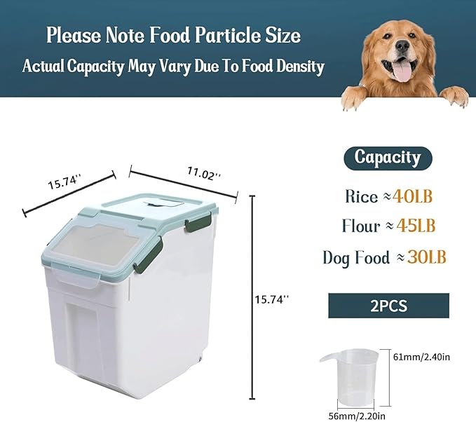 Large Flour Storage Container Bin 50lb, 2Pack Airtight Rice Storage Containers with Wheels Seal Locking Lid, BPA Free with Measuring Cup&Scoop for Flour, Rice, Grain(Green)