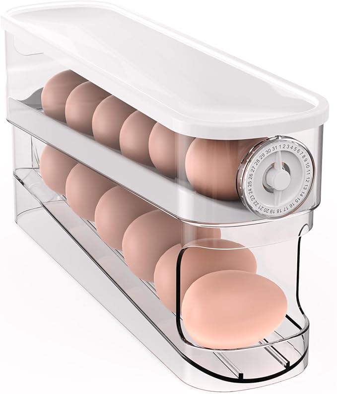 Auto Rolling Egg Holder for Fridge, Egg Dispenser/Organizer/Storage/Container with Lid & Date Timer for Refrigerator, Sturdy and Durable Space-Saving Egg Tray for 12 Large Eggs
