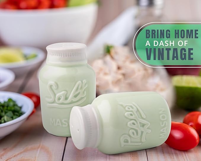 Comfify Mason Jar Salt & Pepper Shakers – Aqua Green Rustic Ceramic Kitchen Decor, Great for Farmhouse or Shabby Chic Homes