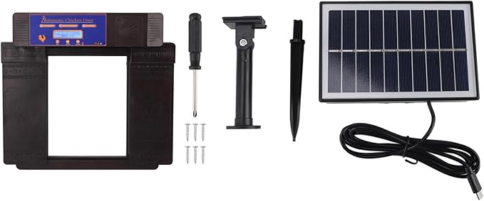 Automatic Chicken Coop Door Opener, Intelligent Double Open Timer LED Display with Solar Battery Power and Anti Pinch Function, for Chickens Ducks Geese Poultry (Dark Brown)