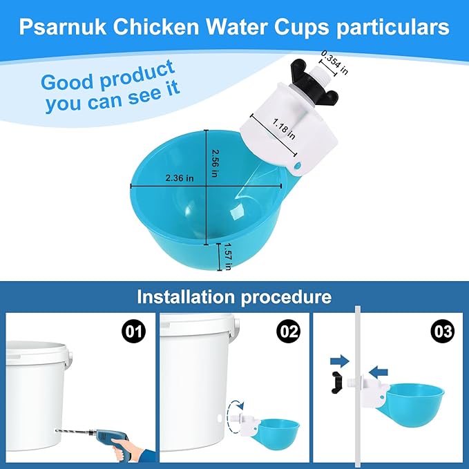 Chicken Waterer Cups (16 Pack/Light Blue) - DIY Automatic Large Chicken Water Feeder for Ducks Quail and Various Poultry Dispenser with Matching Drill, Double Rubber Ring, Not Leaking Wate