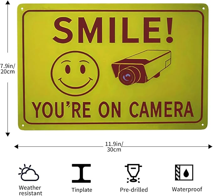 2-Pack Smile You're On Camera Metal Signs - 8x12 Inch Rust-Free Weather-Resistant Wall Decor with Pre-Drilled Holes, Humorous Surveillance Signs for Home, Bar, Man Cave, Garage, Farm, Outdoor & Indoor