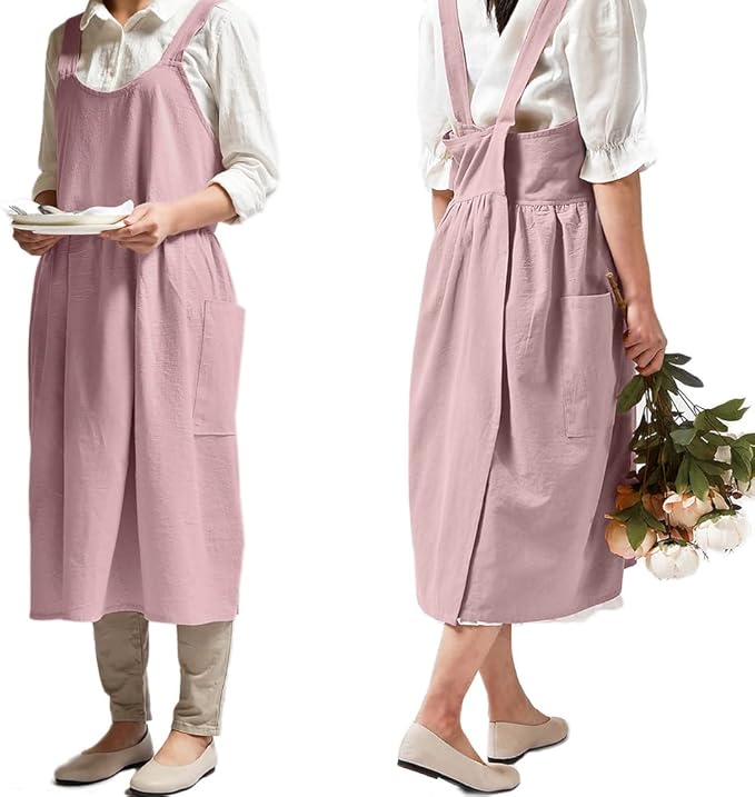 NEWGEM Cotton Cross Back Apron for Women with Pockets Cute Japanese Korean Criss Kitchen Aprons Pink