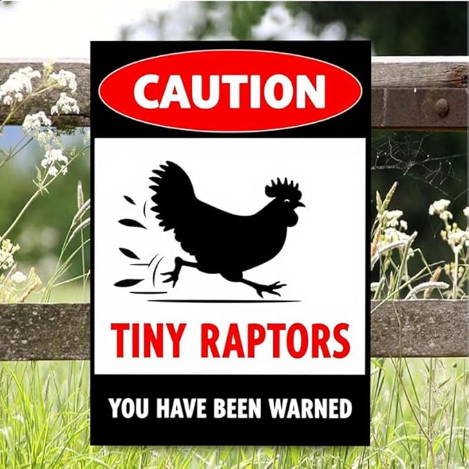 Caution Tiny Raptors Sign Aluminum Chicken Coop Signs for Farm Kitchen Rooster Hen House Decor Beware of Chicken Signs for Chicken Lady Lovers, 12x8inches