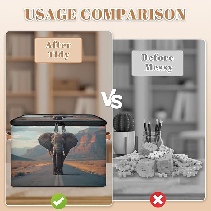 Elephant Storage Bins With Lids Fabric Collapsible Storage Box with Leather Handles for Home Bedroom Foldable Closet Shelf Organizer