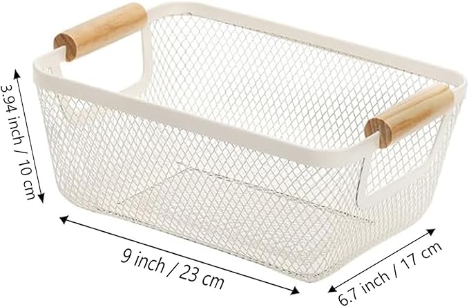 2Pack Metal Mesh Steel Basket, Small Wire Storage Organizer Basket Multi-function Hanging Kitchen Basket Fruit Basket with Wood Handle for Kitchen Picnic Cabinet Home Decor, Rectangle-Off White