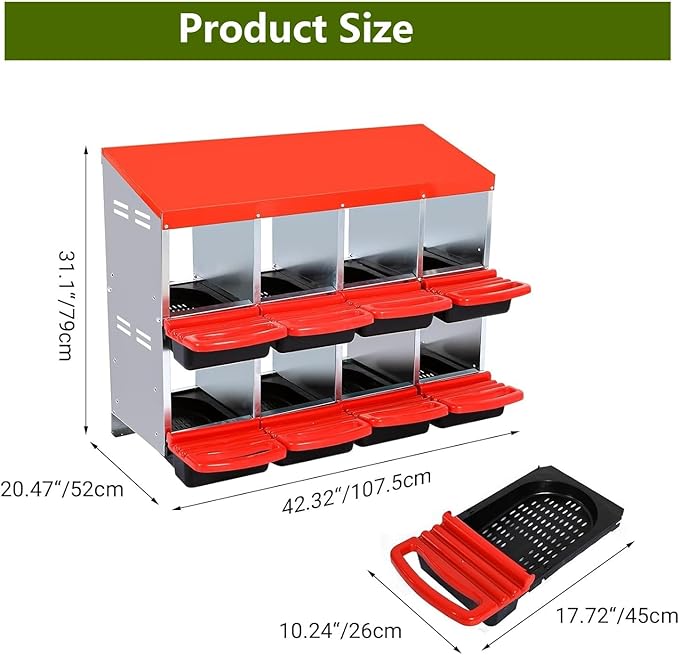 Chicken Nesting Box, 2-Tier Chicken Laying Boxes for Hens, 10 Hole Nesting Boxes for Chickens, Roll Away Nest Box for Laying Eggs, Roll Out, Easy Egg Collection (Red, 8-Holes Without Legs)