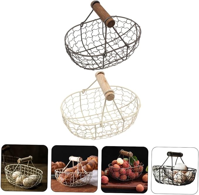 2pcs Wooden Handle Metal Mesh Storage Baskets Vintage Farmhouse Style Kitchen Fruit Vegetable Organizer Egg Gathering Basket Set