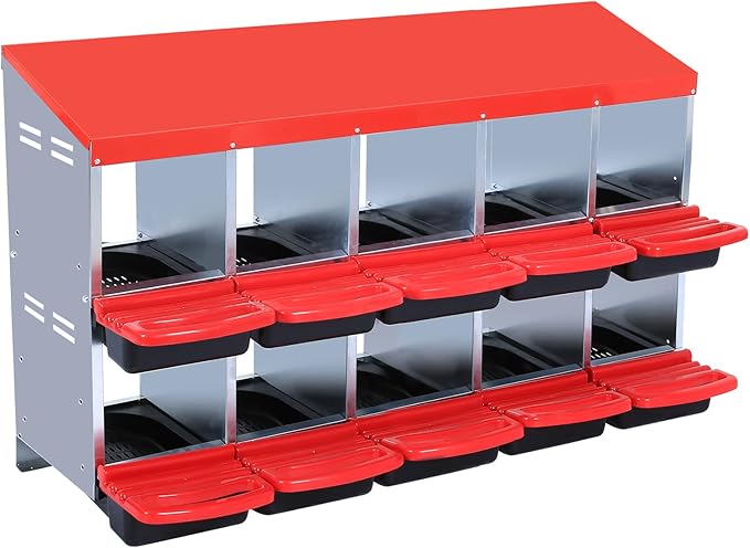 Metal Chicken Nesting Box, 10 Compartments, Unique Egg Collection Design, Red