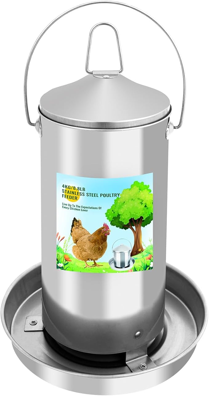 Automatic Chicken Feeder 4KG/8.8lbs, Heavy Duty Stainless Steel Reliable Long-Lasting Poultry Feeder with Handle, High Strength Structure 0.035 Inch/0.9mm Metal Thickness