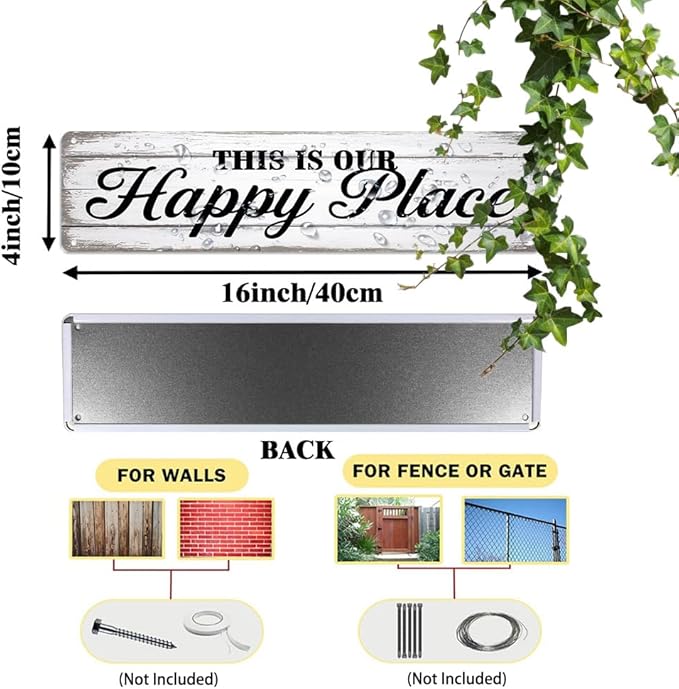 Rustic Room Decorative Sign - ''This Is Our Happy Place'' Metal Sign, 16x4 Inch - Farmhouse Art Sign For Home, Office, Restroom, Bar or Cafe Wall Decor, Space Decor