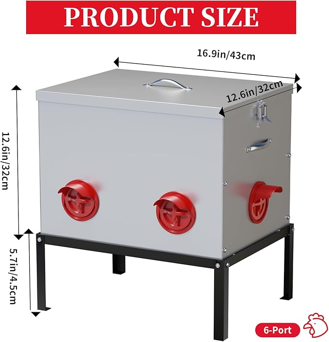 Automatic Chicken Feeder,50LBS 6 Port Large Chicken Feeder with Raise The Base Frame,Waterproof Galvanized Steel Poultry Feeder with Locking Lid for Chicken Coop