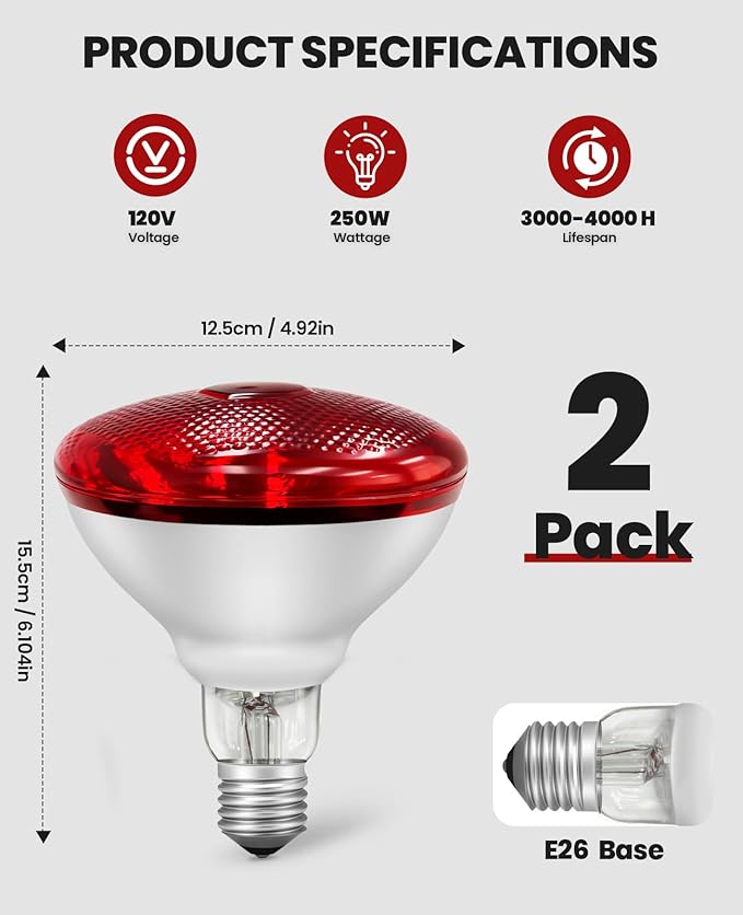 Infrared Heat Lamp for Chickens: 250W Red Heat Lamp Bulb - Heat Light Bulbs for Brooder Coop Chicks Pets Reptile Food Service Bathroom Light Therapy - Chicken Infrared Incandescent Light Bulbs -2 Pack