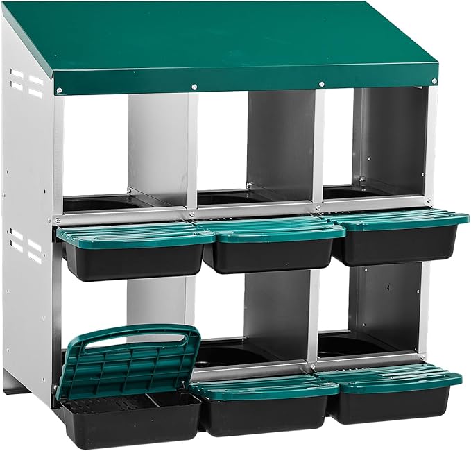 6-Hole Chicken Nesting Box with Roll Away Design Galvanized Steel Poultry Nesting Box for Hens Easy Clean Removable Trays for Backyard Coop 31.9 x 20.4 x 29 Inches