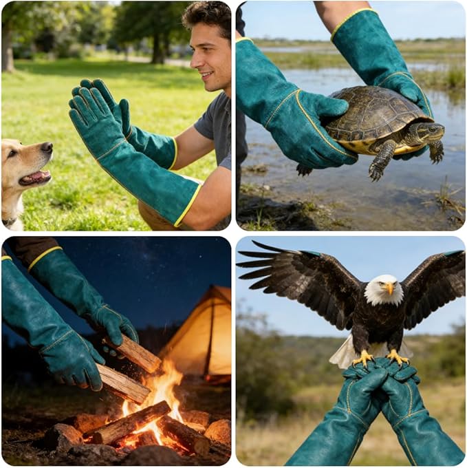 24.4 Inch Animal Handling Gloves Bite Proof, Thickened Cowhide Leather Scratch Resistant for Dog Training, Pet Grooming, Parrot & Hawk Grabbing, Wildlife Protection (1 Pair)