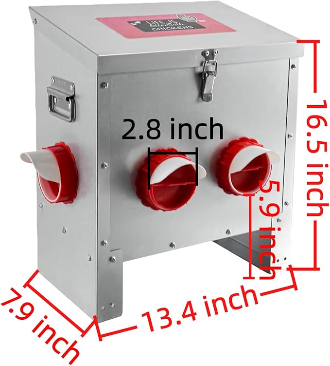 Automatic Chicken Feeder 25LB Large Capacity Poultry Feeders with 4 No Waste Feeding Ports Galvanized Metal Feeder Box with Locking Lid and Handles for Outdoor