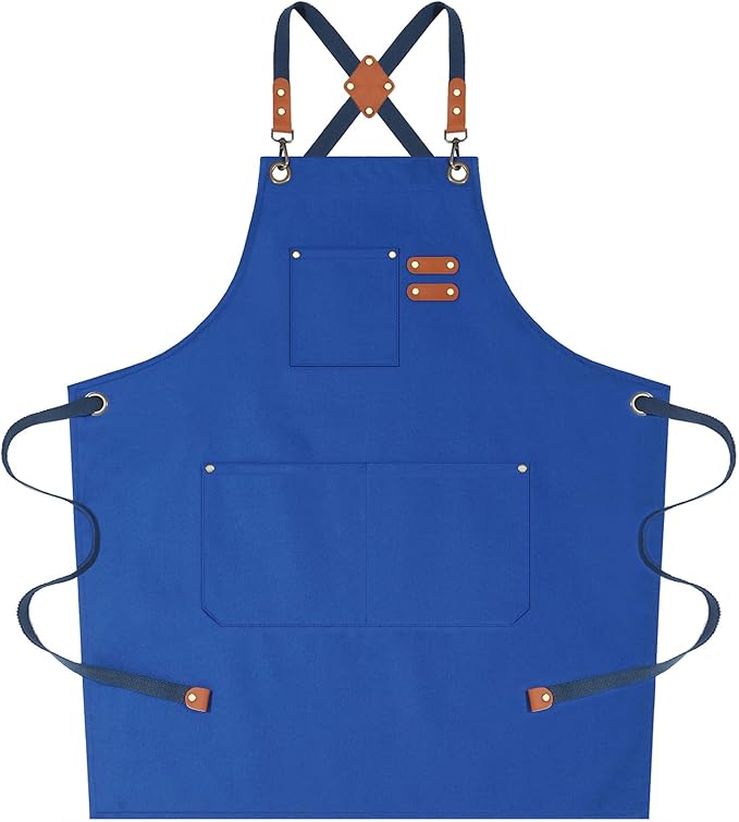 AFUN Chef Aprons for Women Men with Oversized Pockets, 12-Ounce Cotton Canvas Cross Back Water Repellent Apron (Royal Blue)