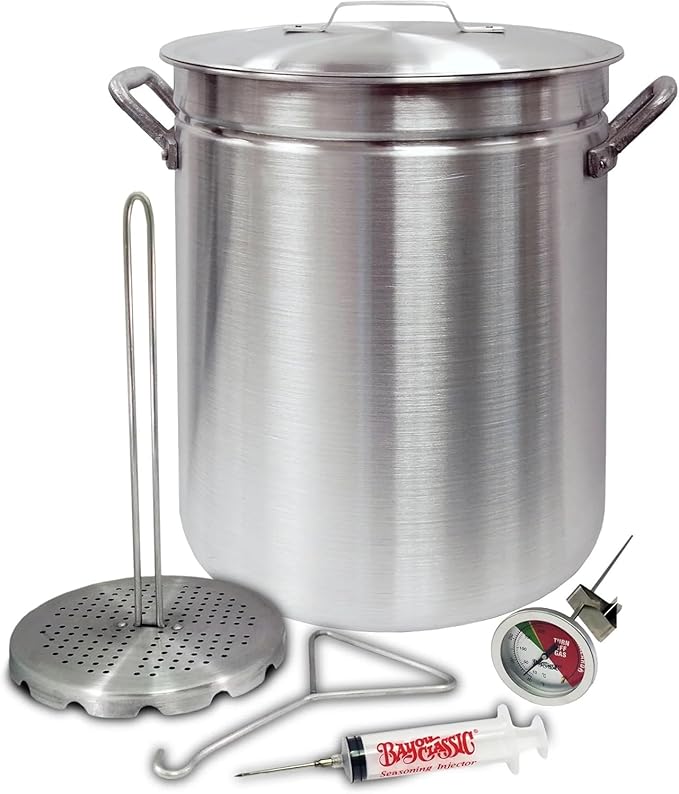 Turkey Fryer 42 Quart Grand Gobbler Aluminum Oversized Stockpot Poultry Rack Hook Thermometer Injector Fork Knife Pair of Fry Gloves Perfect For Large to X Large Turkeys