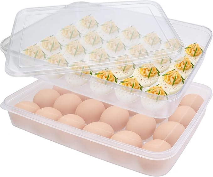 Anyumocz 2 Pack Covered Egg Holder,Clear Egg Holder Storage Container,Stackable Plastic Refrigerator Egg Trays for Deviled Egg,Protect and Keep Fresh(48 Eggs)