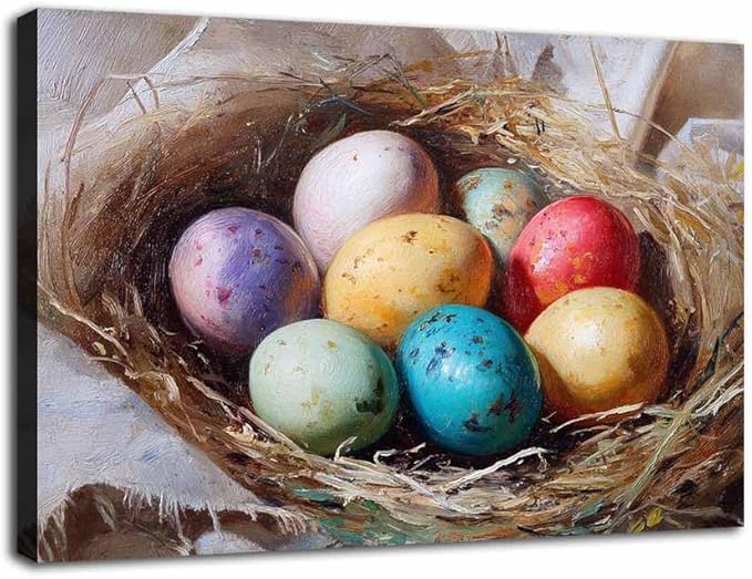 MNFGMH Easter Canvas Watercolor Easter Eggs Spring Art Cute Easter Picture for Living Room and Kitchen Wooden Frame 12x18 inch