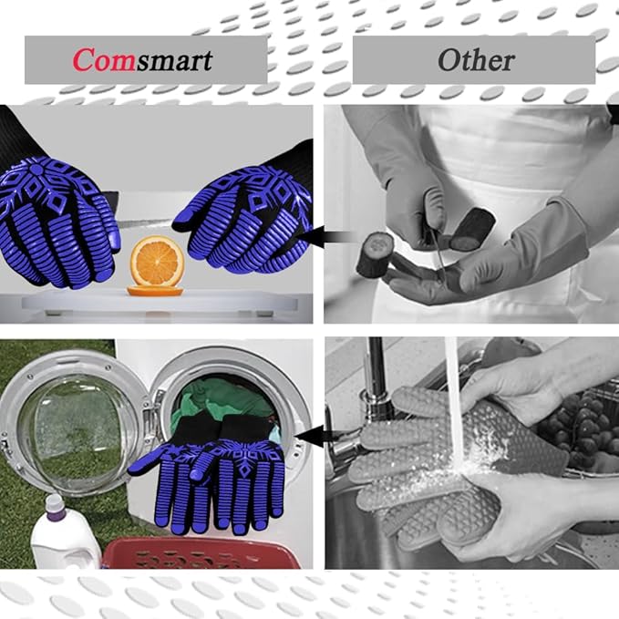 Comsmart BBQ Gloves, Heat Resistant Glove, Silicone Non-Slip Grill Gloves, Fireproof Oven Glove BBQ Grill Accessories for Grilling, Barbecue, Cooking, Baking, Blue