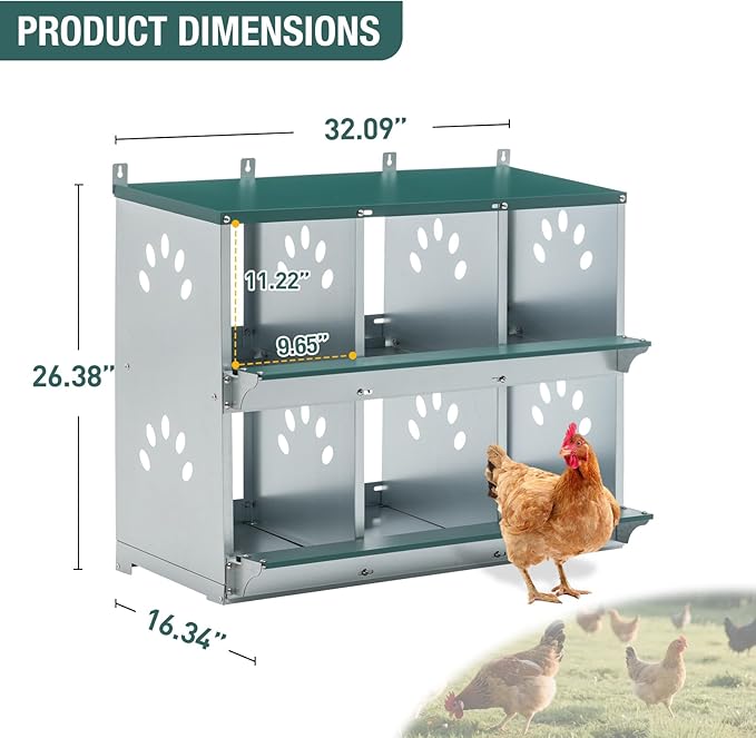 6 Compartment Metal Chicken Nesting Box, Roll Out Hen Laying Box for Easy Egg Collection, Wall Mount Poultry Nest Box for Backyard Chickens, Green, 32.09" L x 16.34" W x 26.38" H