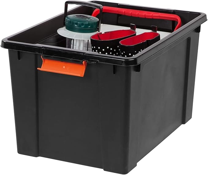 IRIS USA 4 Pack Lockable Storage Bins, Heavy Duty Stackable Containers with Lids for Garage Organization or Moving, 20 Gallon, Black/Orange