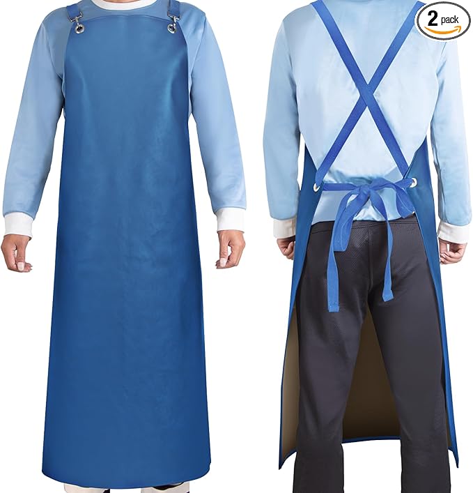 2 Pack Heavy Duty Vinyl Industrial Anti-Tear Apron, 43" x 26" Waterproof, Chemical Resistant, Blue, Unisex-Adults