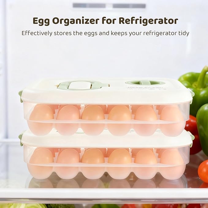 Homaisson 2 Pcs Egg Organizer for Refrigerator, Clear Stackable Egg Containers with Timer, Reusable Egg Carton with Handle, 12.8 x 9 x 3.2 in Large Capacity Egg Holder with Lids