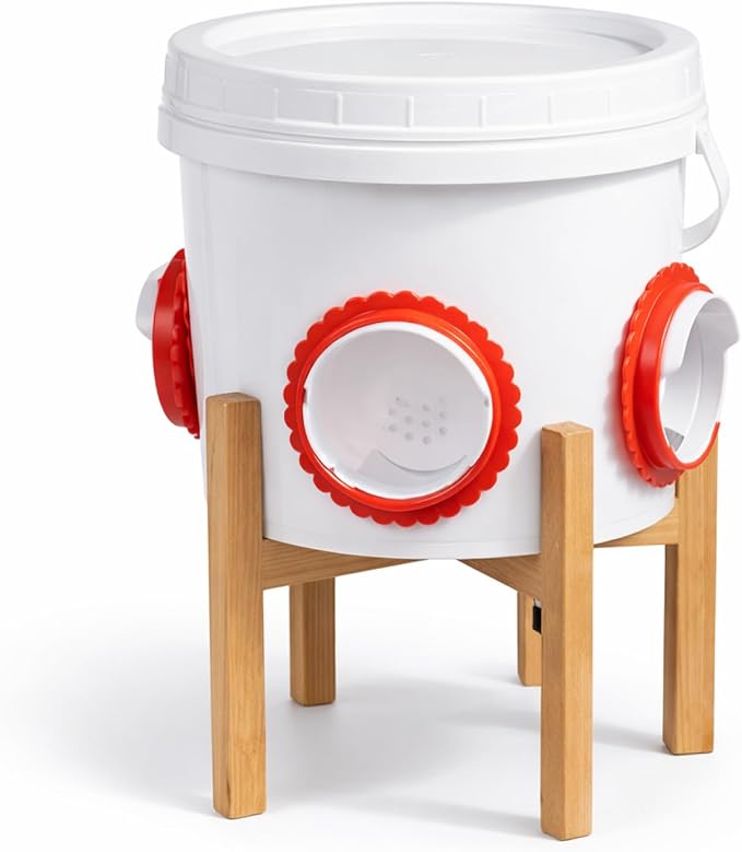 Chicken Feeder Bucket with Stand, No Waste Poultry Feeder with 3 Covered Ports, Hanging Chicken Feeder & Duck Feeder for Outside, Automatic Chicken Feeder, Poultry Feeding Equipment.