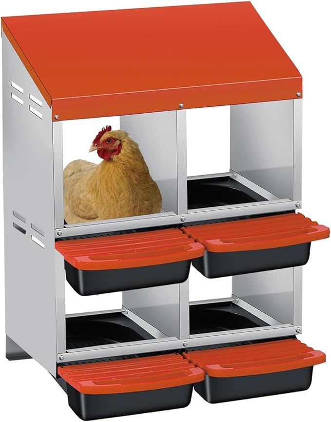 Nesting Boxes for Chickens, 4 Holes Chicken Nesting Box with Removable Tray, Easy Egg Collection, Roll Away Nesting Box for Hens, Chicken Coop, Double Layer, Orange