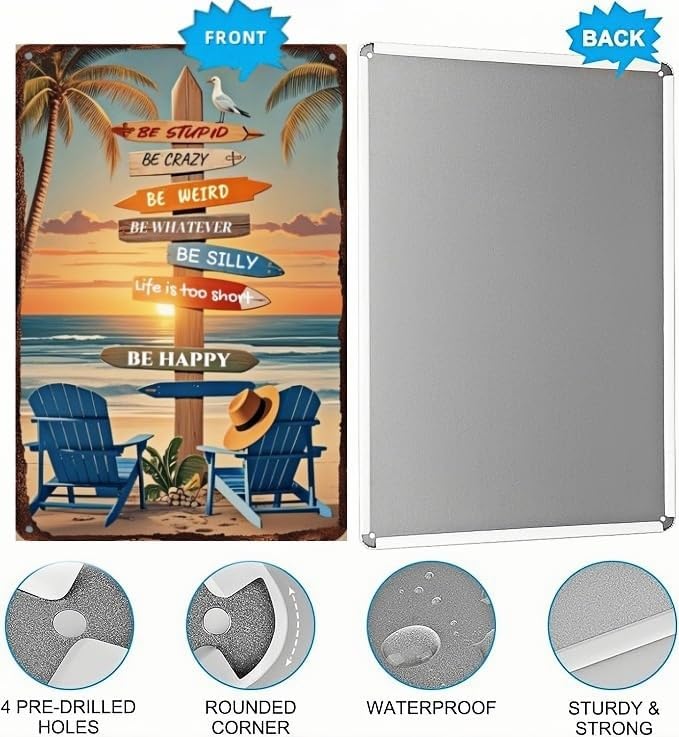 Tropical Beach Metal Sign – 8x12 Inch Retro Wall Decor with Surfboards and Palm Trees – Vintage Tin Sign for Patio, Porch, Bar, or Coastal Bathroom