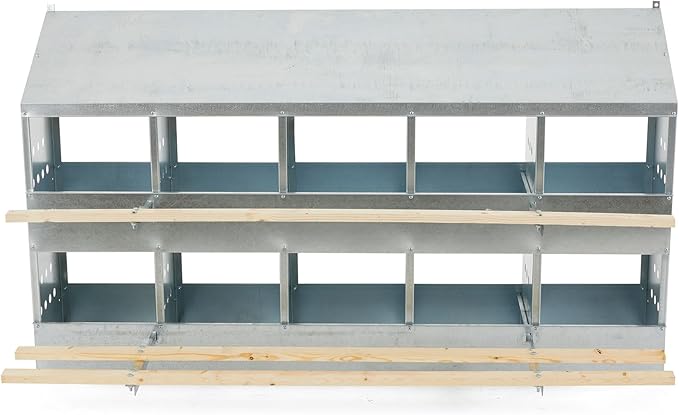 Brower 2-Tier 10-Hole Galvanized Steel Chicken Nesting Box, 50 to 60 Hen Capacity – Outdoor Poultry Laying Station with Hinged Folding Perches, Ventilated Design & Slanted Roof – Made in the USA
